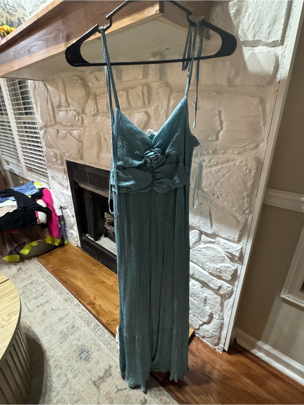 Women's Teal Maxi Slip Dress with Floral Accent